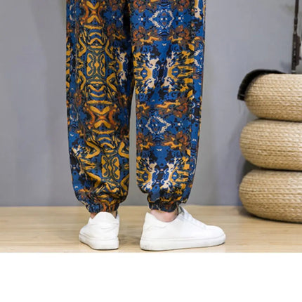 Pantaloni Primavera-Estate da Uomo in Stile Cinese, Sottili e Traspiranti in Cotone e Lino, con Vita Elastica, Pantaloni Harem Stampati Casual e Comodi