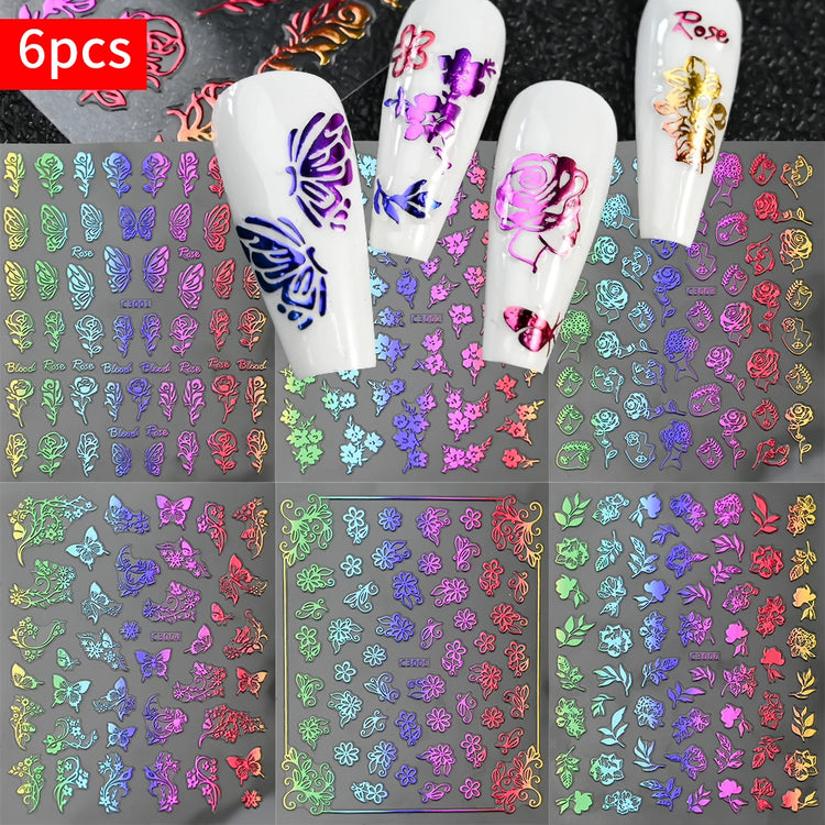 6Pcs/Set Metal Silver Star/Heart/Moon 3D Nail Art Stickers 8*10cm Hollow Love/Cross Self-Adhesive Slider Luxury Manicure Decals