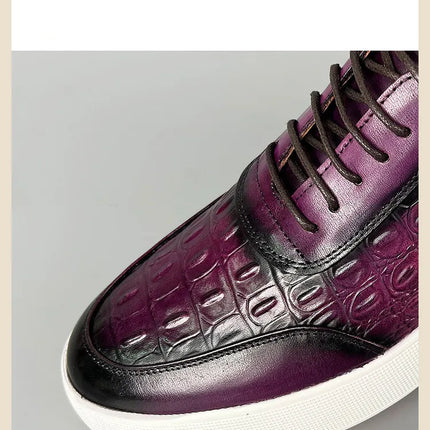 Newest 2025 Spring Men Genuine Leather Casual Sneakers Lace Up Handmade Crocodile Design Men Daily Leather Footwear Purple