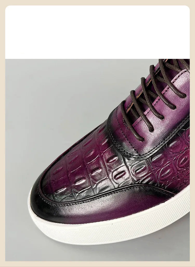 Newest 2025 Spring Men Genuine Leather Casual Sneakers Lace Up Handmade Crocodile Design Men Daily Leather Footwear Purple