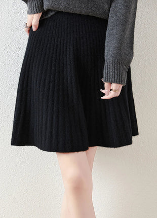 Korean Skirt 100% Merino Wool Women's Knitted Mini Skirt Autumn and Winter Women's Fashion Solid Color Small Umbrella Skirt PlatiNum