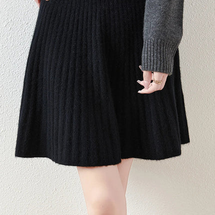 Korean Skirt 100% Merino Wool Women's Knitted Mini Skirt Autumn and Winter Women's Fashion Solid Color Small Umbrella Skirt PlatiNum