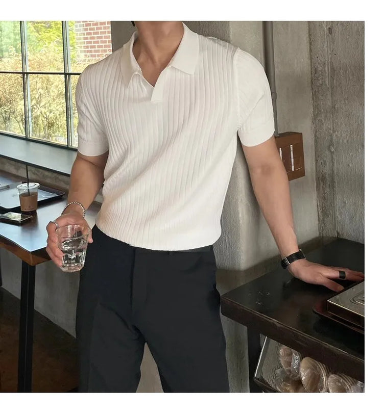 Polo da uomo slim fit tinta unita elasticizzata maglietta con colletto sexy moda trendy cotone casual top abiti estivi comodi elastici