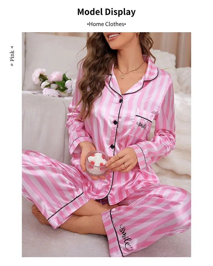 Pigiama da donna in raso con stampa a righe Victoria Autunno Manica lunga Bottoni Risvolto Top e pantaloni Indumenti da notte Comfort Indumenti da notte dalla vestibilità rilassata