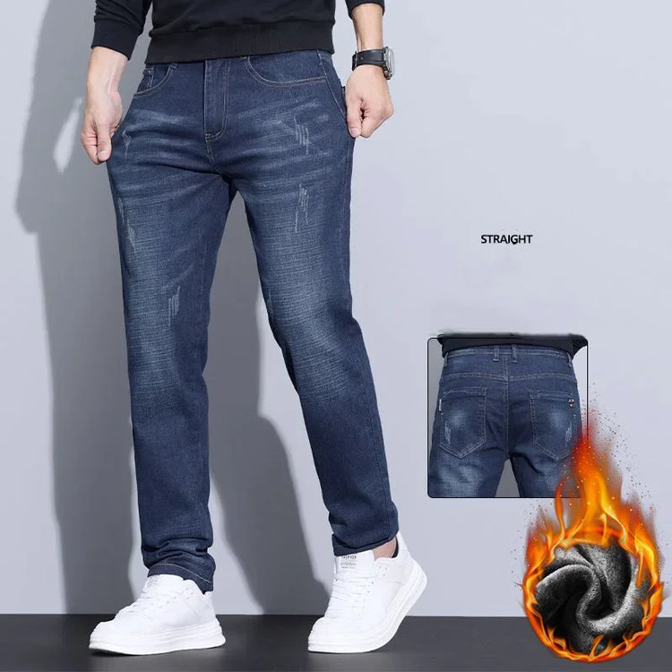 Business Casual Straight Washed Trousers Thickened Thermal Stretch Versatile Male Denim Pants New Men's Winter Fleece Warm Jeans