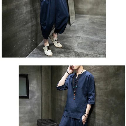 Stile giapponese due pezzi t-shirt pantaloni uomo uomo abiti Kimono maniche corte giappone Harajuku Yukata Cardigan Costume top pantaloni