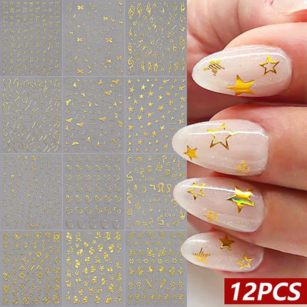 12Pcs 3D Rainbow Bowknot Star Geometry Lines Nail Stickers Love/Frame/Flower Self-Adhesive Nails Sliders 8*10cm Manicure Decals