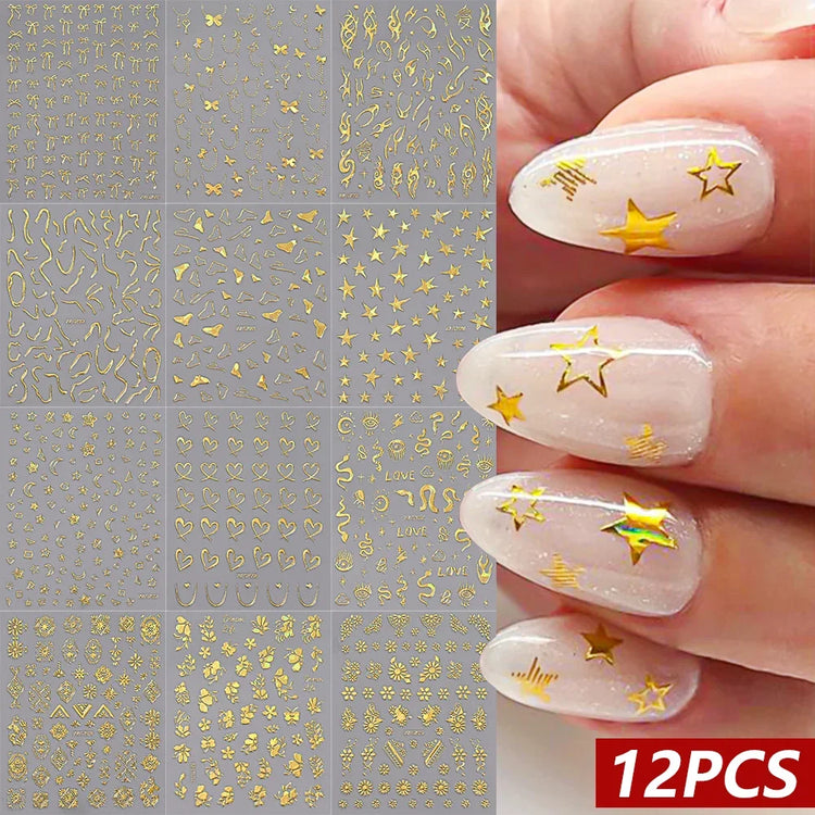 12Pcs 3D Rainbow Bowknot Star Geometry Lines Nail Stickers Love/Frame/Flower Self-Adhesive Nails Sliders 8*10cm Manicure Decals