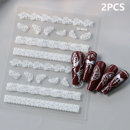 2pcs Y2K White Lace 5D Nail Art Stickers White Embossed Flowers Petals Elegant French Decals Wedding Nails Manicure Decorations