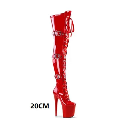 CACA 26cm Extreme High Heels Women Thigh High Boots,Fetish Platform Booties,Buckles Botas,Men Cosplay Shoes,Black,Red,Dropship