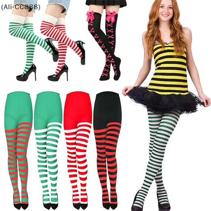 maveraCCüm | Christmas Stockings Red Green Striped Tights Stretchy Leggings Y2K Party Costume Knit Knee High Socks