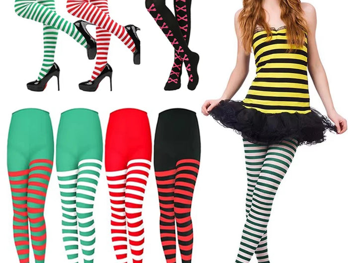 maveraCCüm | Christmas Stockings Red Green Striped Tights Stretchy Leggings Y2K Party Costume Knit Knee High Socks