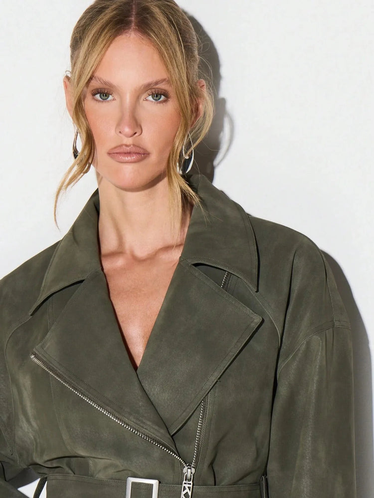 Belt Zipper Top with Waist Cinching American and European Style Streetwear Notched Lapel Thick No Hood Women Autumn Jacket
