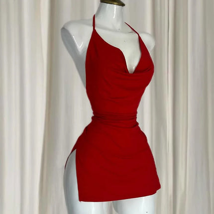 Robe sans dossier à bandage avec col en V rouge Mini-robes coréennes élégantes et fines pour femmes, coupe irrégulière, nouvelle mode 2025, boîte de nuit, fille sexy