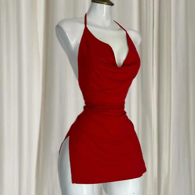Backless Bandage V-Neck Dress Red Elegant Slim Thin Irregular Korean Mini Dresses Women 2025 New Fashion Nightclub Sexy Girl