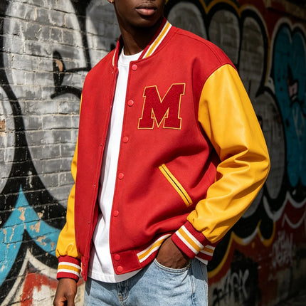 Mens M Letter Varsity Jacket Vintage Faux Leather Sleeve Baseball Letterman Coat Red & Yellow Streetwear for Casual Wear