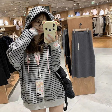 Cartoon Embroidery Women Hoodies Japanese Sweet Cute Cat Ears Striped Hooded Sweatshirts Harajuku Streetwear Loose Casual Coats