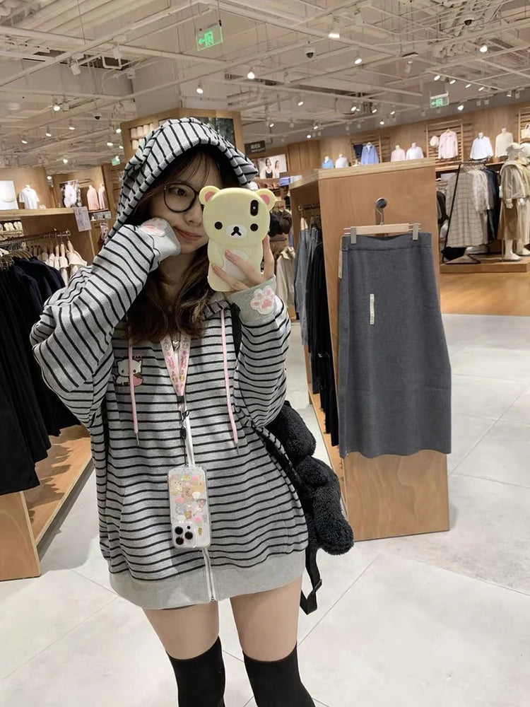 Cartoon Embroidery Women Hoodies Japanese Sweet Cute Cat Ears Striped Hooded Sweatshirts Harajuku Streetwear Loose Casual Coats