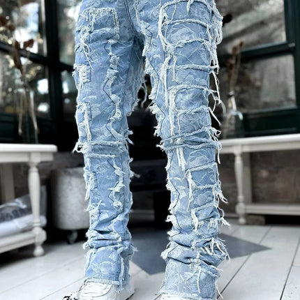 Men's Regular Fit Stacked Jeans Ripped Slim Fit Patch Distressed Destroyed Straight Denim Pants Hip Hop Streetwear Trouser Cloth PlatiNum