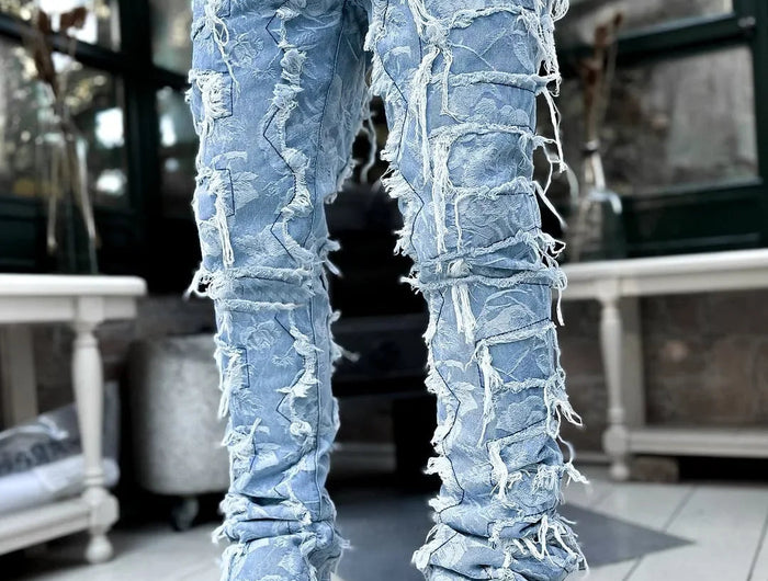 Men's Regular Fit Stacked Jeans Ripped Slim Fit Patch Distressed Destroyed Straight Denim Pants Hip Hop Streetwear Trouser Cloth PlatiNum