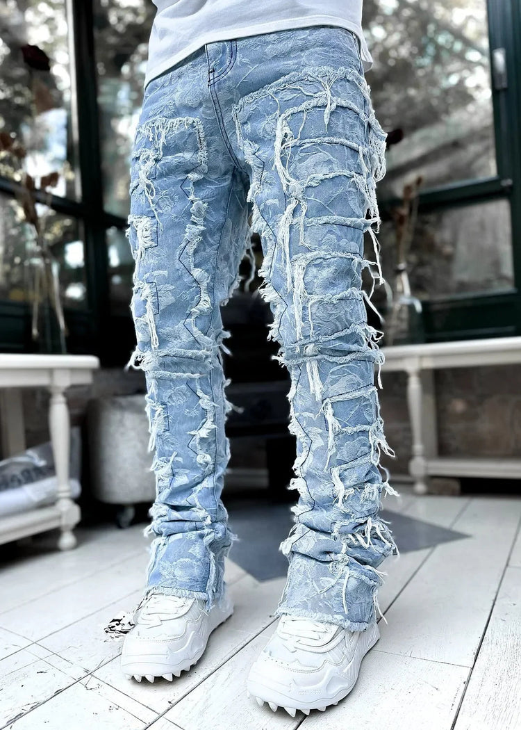 Men's Regular Fit Stacked Jeans Ripped Slim Fit Patch Distressed Destroyed Straight Denim Pants Hip Hop Streetwear Trouser Cloth PlatiNum