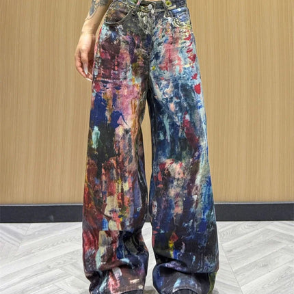 Jeans Americani da Donna a Vita Alta e Gamba Dritta, Pantaloni in Denim Colorati con Effetto Schizzi d'Inchiostro, Pantaloni Larghi Stile Cowboy per l'Autunno