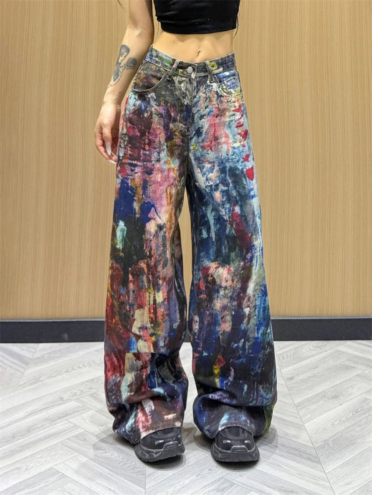 Jeans Americani da Donna a Vita Alta e Gamba Dritta, Pantaloni in Denim Colorati con Effetto Schizzi d'Inchiostro, Pantaloni Larghi Stile Cowboy per l'Autunno