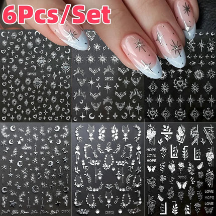 6Pcs/Set Metal Silver Star/Heart/Moon 3D Nail Art Stickers 8*10cm Hollow Love/Cross Self-Adhesive Slider Luxury Manicure Decals