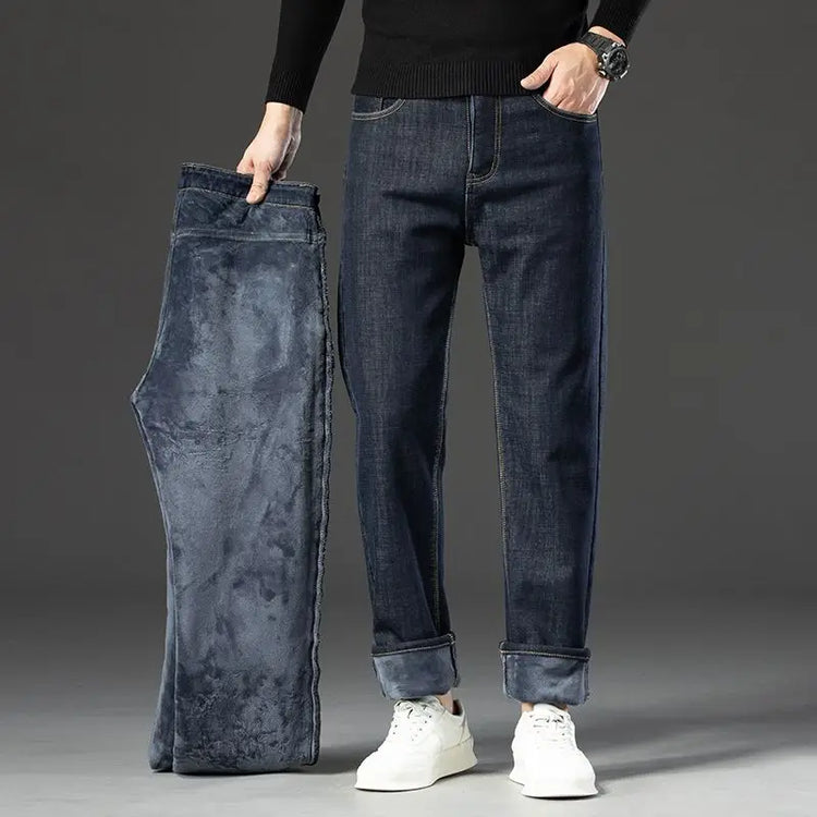 2025 New Winter Warm Jeans Men's Fleece Thickened Slim Straight Trousers Fashion Stretch Cotton Casual Denim Pants Brand Clothes