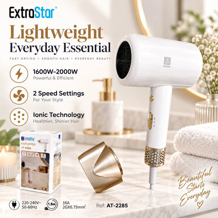 ExtraStar AT-2285 Ionic Hair Dryer 1600W-2000W 220-240V 2 Speed Hair Blower with Concentrator Nozzle 1.8m Cord