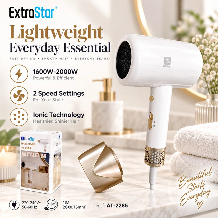 ExtraStar AT-2285 Ionic Hair Dryer 1600W-2000W 220-240V 2 Speed Hair Blower with Concentrator Nozzle 1.8m Cord