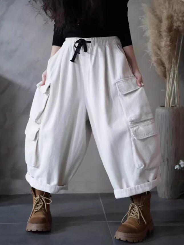 Amax LuluE Design 2026 Spring Womens Loose Casual Harem Pants Ladies Classic Vintage Solid Cotton Elastic Waist Cargo Trousers