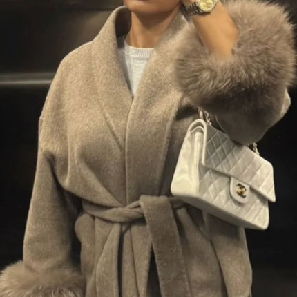 Elegant Lace Up Woolen Short Coat Solid Loose Lapel Furry Long Sleeve Belt Waist Jacket 2026 Spring Autumn Lady Chic Cardigan