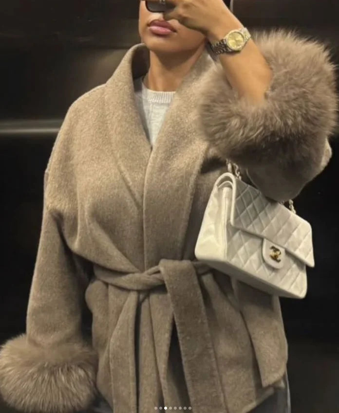 Elegant Lace Up Woolen Short Coat Solid Loose Lapel Furry Long Sleeve Belt Waist Jacket 2026 Spring Autumn Lady Chic Cardigan