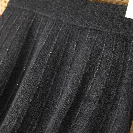 Women's Wool Skirts A-Line Pleated Cashmere Skirt Autumn Winter Elastic Waist 100% Merino Wool Knitted Bright Silk Style Dress PlatiNum