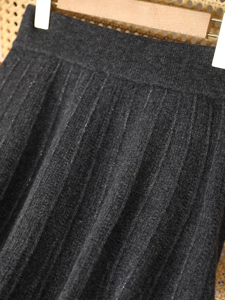 Women's Wool Skirts A-Line Pleated Cashmere Skirt Autumn Winter Elastic Waist 100% Merino Wool Knitted Bright Silk Style Dress PlatiNum