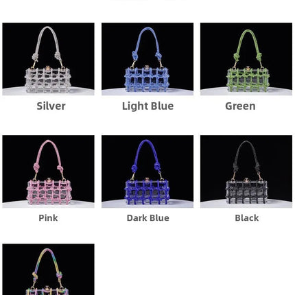 Classic 2025 Acrylic Box Bag with Woven Diamond Rope Handheld Evening Women's Bag Transparent Dinner Handbag European Style PlatiNum