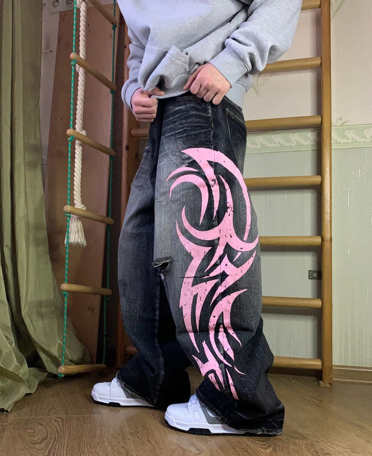 Y2K Jeans larghi con stampa totem screziati vintage americano Jeans da donna a vita alta a gamba larga Jeans hip-hop alla moda da donna