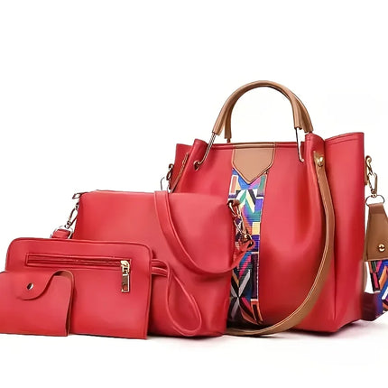 Set di 4 Borse da Donna in Pelle PU: Borsa a Tracolla, Borsa a Mano, Pochette e Portacarte