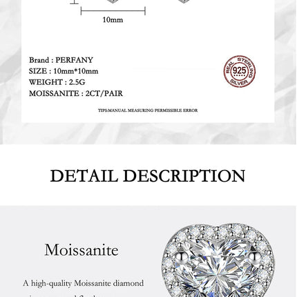 PERFANY 0.5CT-2CT Heart-Shaped Cut Moissanite Earrings For Women S925 Pure Silver Simulated Diamond Earrings Fashion Jewelry PlatiNum