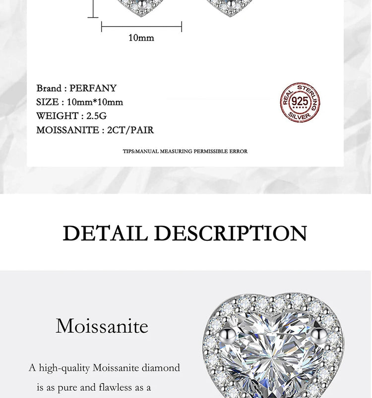PERFANY 0.5CT-2CT Heart-Shaped Cut Moissanite Earrings For Women S925 Pure Silver Simulated Diamond Earrings Fashion Jewelry PlatiNum