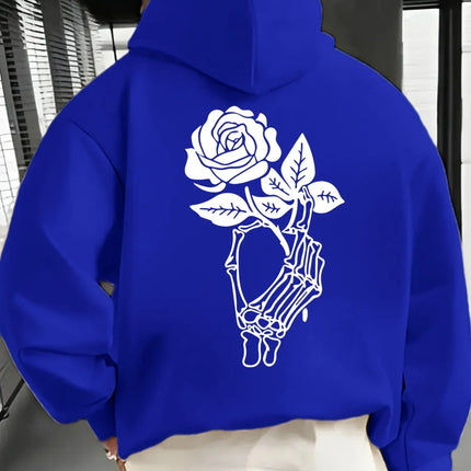 Gothic Skeleton Hand Holding Rose Large Back Print Hoodie Pullover Unisex Loose Fleece Lined Autumn Winter