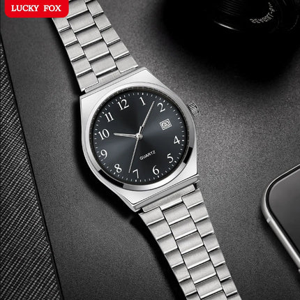 LUCKY FOX - Orologio da polso elegante e minimalista in acciaio inossidabile con quadrante nero - Cronometraggio preciso per tutti i giorni platinumshop