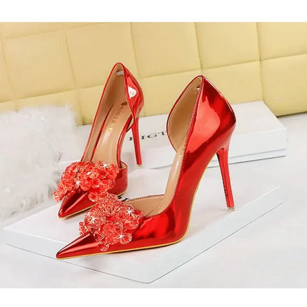 BIGTREE Scarpe con fiocco in strass Décolleté da donna Scarpe da banchetto di lusso Tacchi alti sexy Scarpe da festa con tacco a spillo da donna di grandi dimensioni 41 42 43