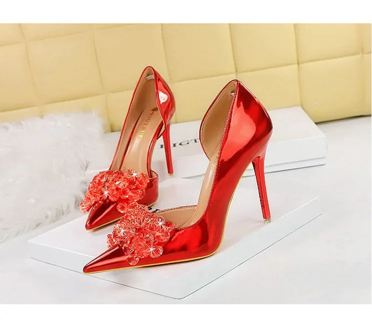 BIGTREE Scarpe con fiocco in strass Décolleté da donna Scarpe da banchetto di lusso Tacchi alti sexy Scarpe da festa con tacco a spillo da donna di grandi dimensioni 41 42 43