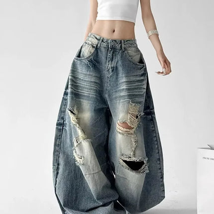 Jeans Larghi da Donna Stile High Street, Denim Distressed, Moda Primavera 2026, Nuovi Arrivi, Pantaloni Lunghi