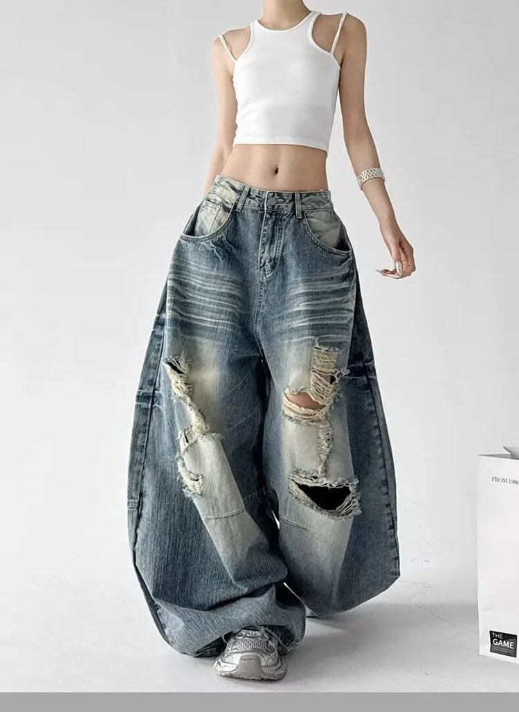 Jeans Larghi da Donna Stile High Street, Denim Distressed, Moda Primavera 2026, Nuovi Arrivi, Pantaloni Lunghi