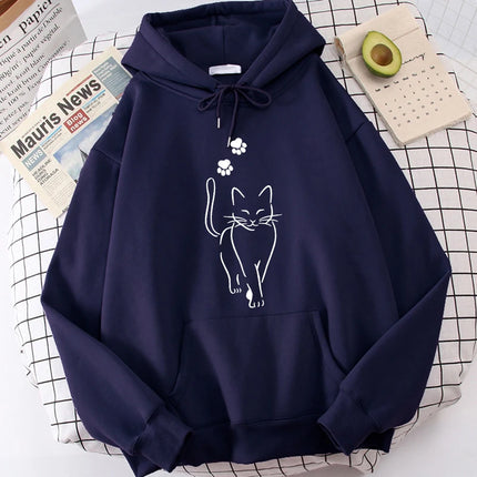 Whimsical Cat Print Sweatshirts Cat Women Kawaii Kangaroo Pocket Hoodies Girl Casual Pullovers Female Animal Hooded 90s Clothing
