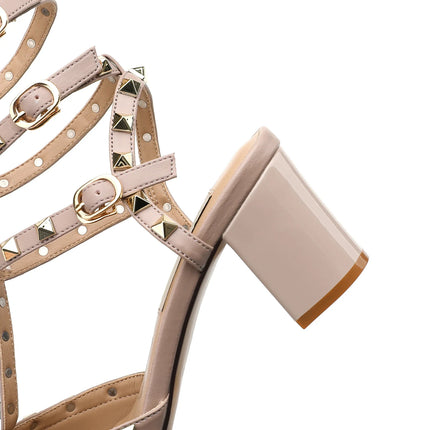 【Misurati la lunghezza dei piedi prima di ordinare】Sandali eleganti da donna con rivetti e cinturino alla caviglia, scarpe con tacco alto a blocco, modello 94-CHC-33