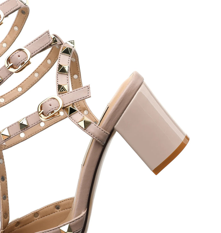 【Misurati la lunghezza dei piedi prima di ordinare】Sandali eleganti da donna con rivetti e cinturino alla caviglia, scarpe con tacco alto a blocco, modello 94-CHC-33